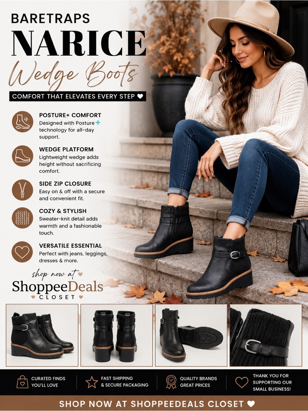 Baretraps Narice Wedge Ankle Boots – Black – Posture+ Comfort